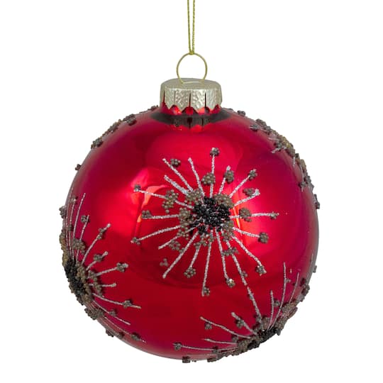 4&#x22; Red &#x26; Brown Beaded Bursting Snowflake Glass Ball Ornament